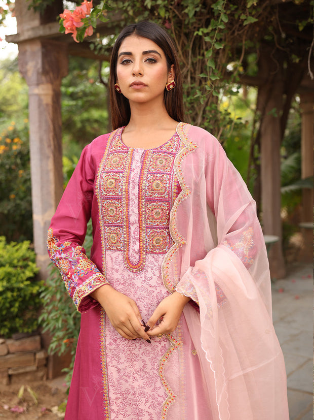 Rouge Pink Embroidered Chanderi Suit Set