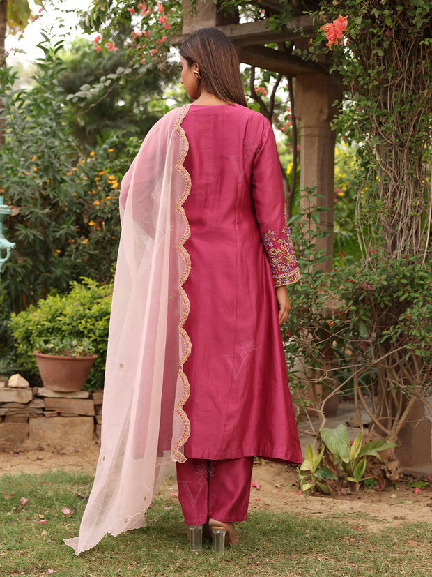 Rouge Pink Embroidered Chanderi Suit Set