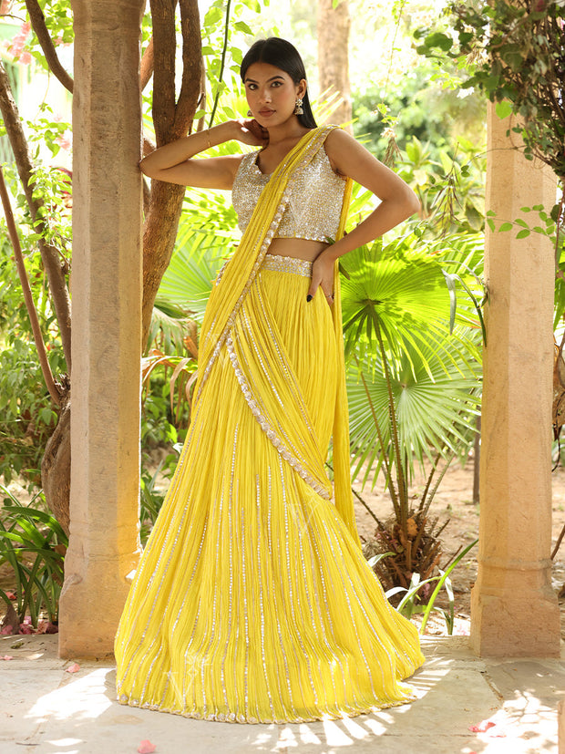 Lemon Yellow Wrinkle Crepe Drape Skirt Set