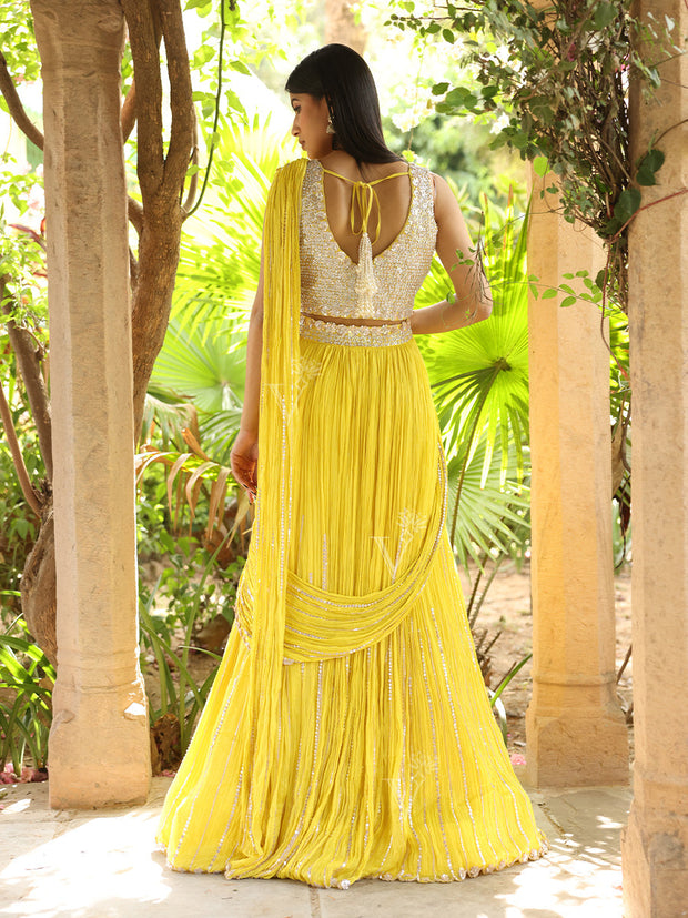 Lemon Yellow Wrinkle Crepe Drape Skirt Set