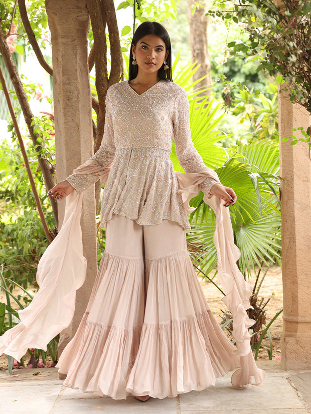 Powder Pink Wrinkle Crepe Peplum and Sharara Set