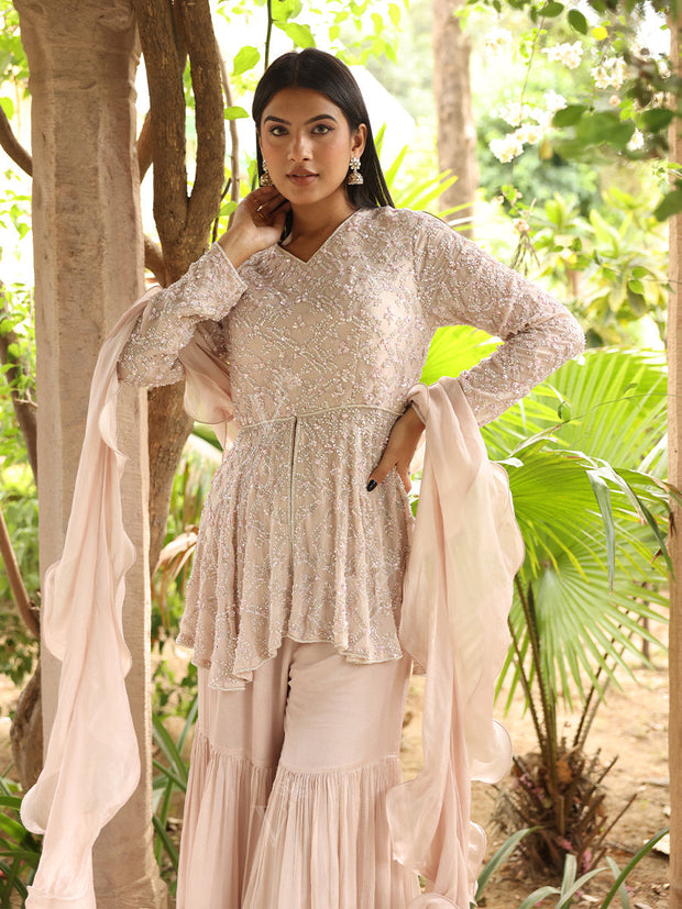 Powder Pink Wrinkle Crepe Peplum and Sharara Set