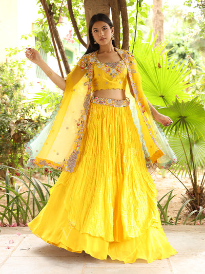 Yellow Embroidered Silk Jacket and Skirt Set