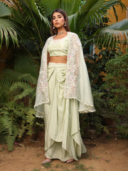 Sage Green Embroidered Organza Cape and Drape Skirt Set