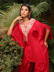 Red Satin Silk Embroidered Kaftan and Dhoti Set