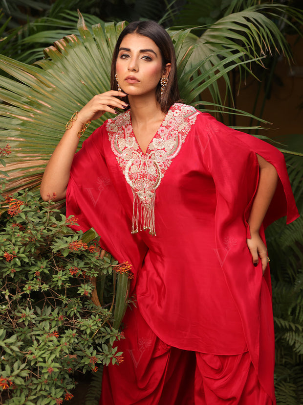 Red Satin Silk Embroidered Kaftan and Dhoti Set