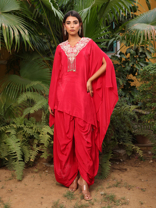 _label_New, DD35, MTO, RK, Red ,Satin Silk, Embroidered Kaftan , Dhoti Set , kaftan set 