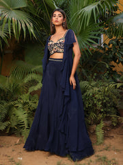 Midnight Blue Embroidered Crop Top with Flaired Palazzo Set