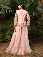 Pink Embroidered Tissue Jacket and Palazzo Set