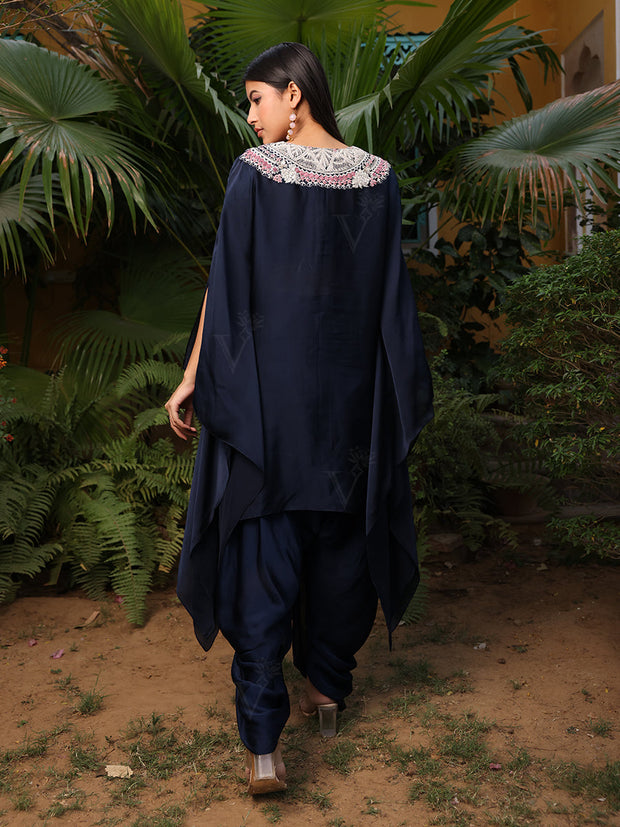 Midnight Blue Embroidered Kaftan with Dhoti Set