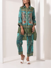 Blue Printed Silk Pant Set