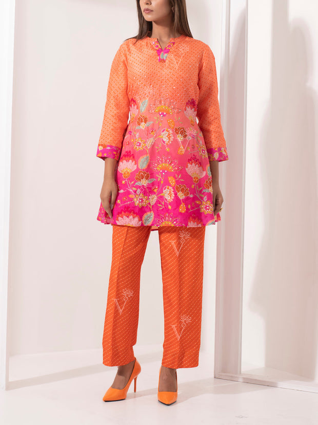 Orange and Pink Leheriya Silk Co ord Set