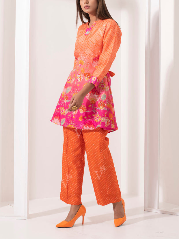 Orange and Pink Leheriya Silk Co ord Set