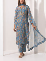 Blue Printed Silk Suit Set