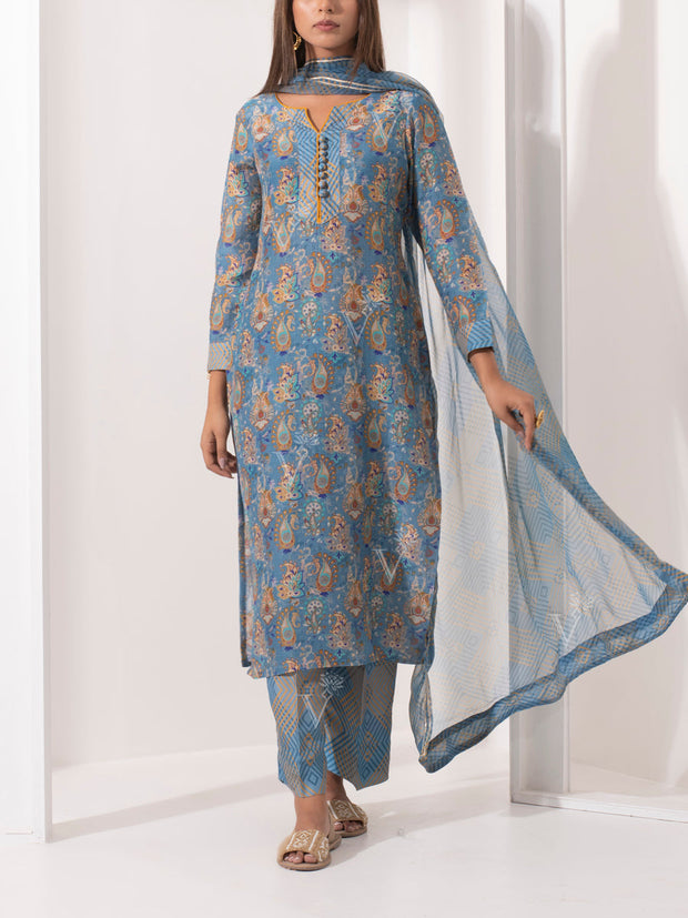 Blue Printed Silk Suit Set