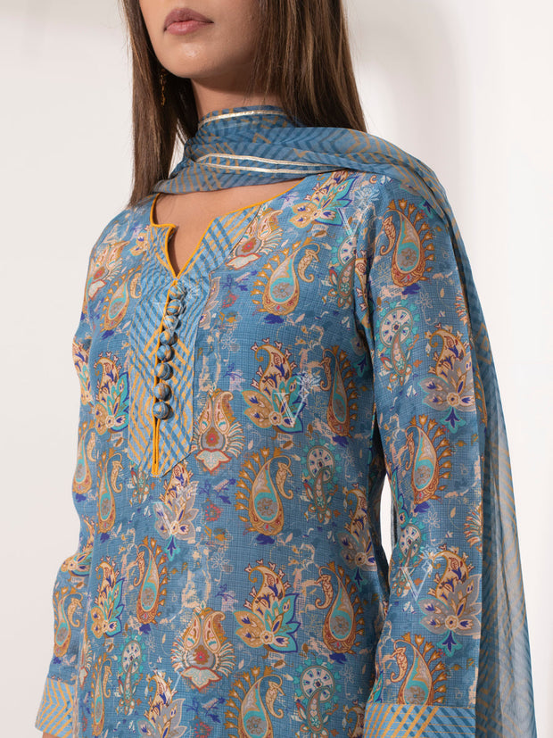 Blue Printed Silk Suit Set