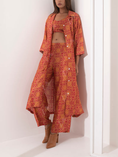 Orange Silk Jacket with bustier Pant Set