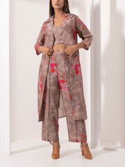 Beige Silk Jacket with bustier Pant Set