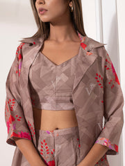 Beige Silk Jacket with bustier Pant Set