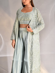 Aqua Blue Tissue Embroidered Jacket and Palazzo Set