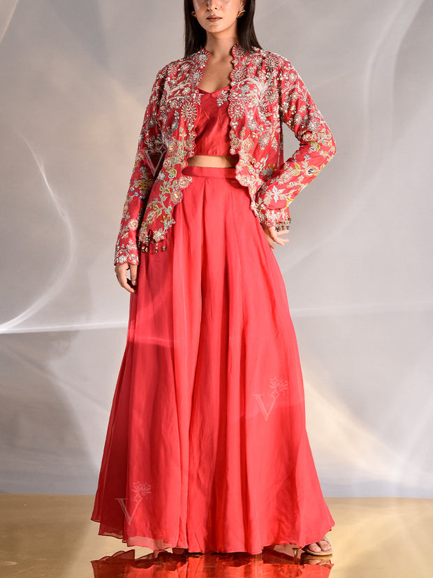 Pink Chanderi Embroidered Jacket and Palazzo Set