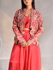 Pink Chanderi Embroidered Jacket and Palazzo Set