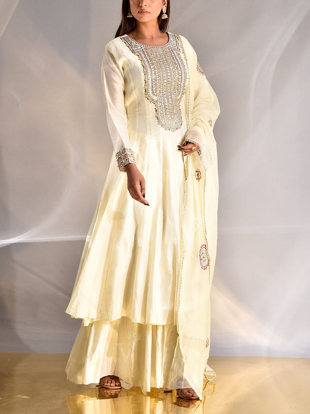 Off-White Chanderi Anarkali Kurta and Sharara Set