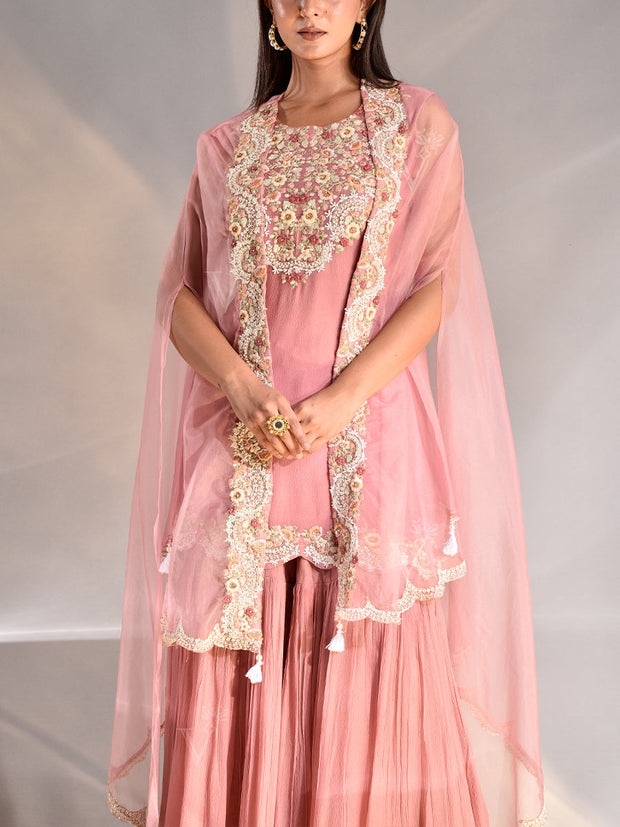 Old Rose Organza Embroidered Cape and Sharara Set