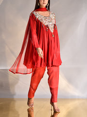 Red Wrinkle Crepe Embroidered Top and Pant Set