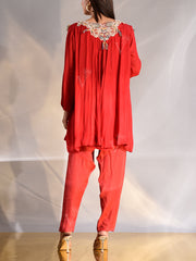 Red Wrinkle Crepe Embroidered Top and Pant Set