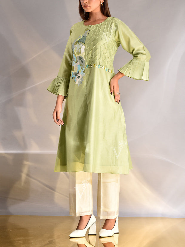 Green Chanderi Printed Kurta