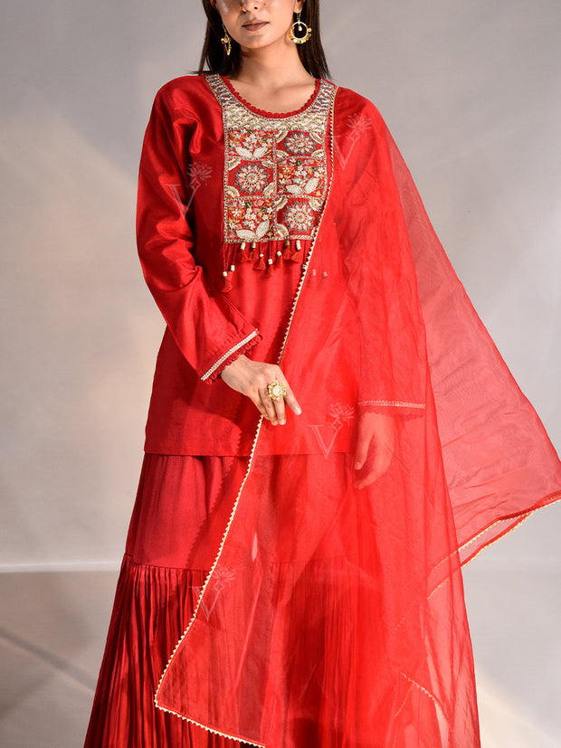 Red Silk Zardozi Kurta and Sharara Set