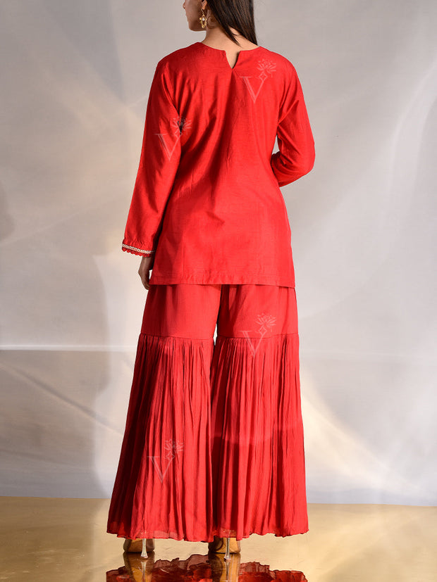 Red Silk Zardozi Kurta and Sharara Set