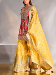 Pink and Yellow Tissue Kurta and Garara Set