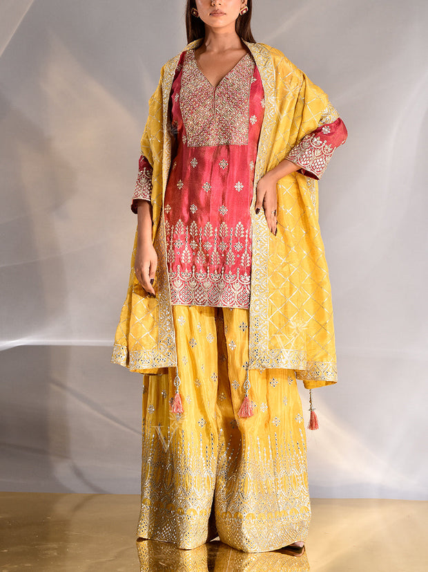 Pink and Yellow Tissue Kurta and Garara Set