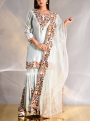 Aqua Blue Zardozi Chanderi Kurta and Sharara Set