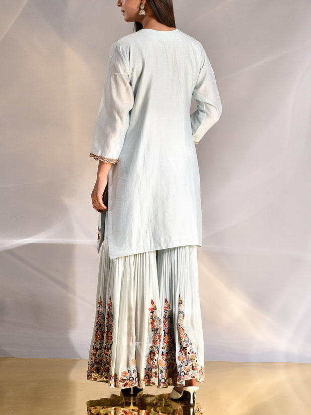 Aqua Blue Zardozi Chanderi Kurta and Sharara Set