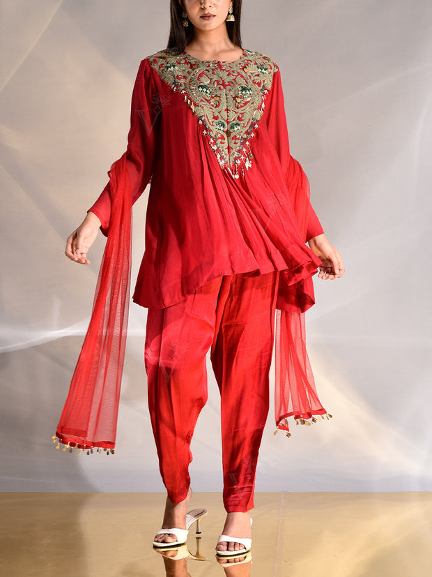 Red Wrinkle Crepe Embroidered Top and Pant Set