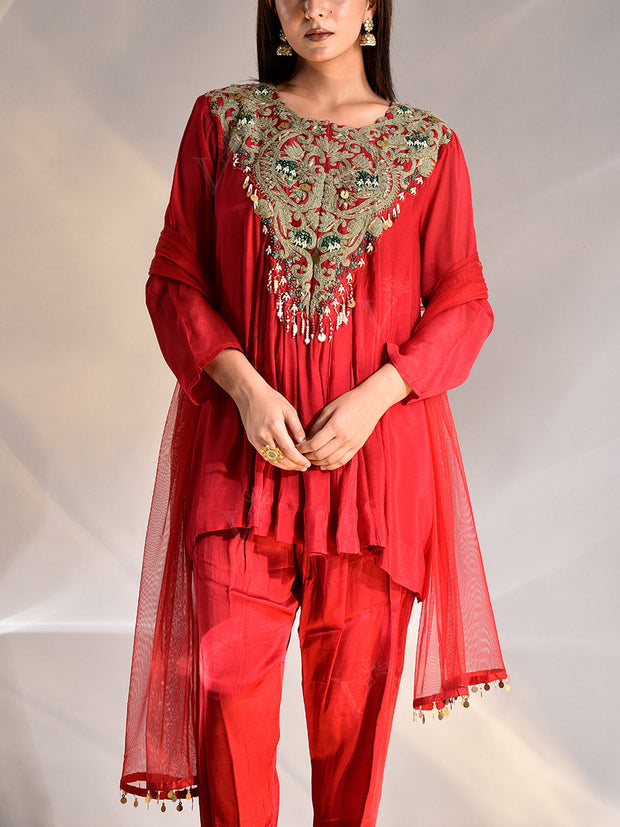 Red Wrinkle Crepe Embroidered Top and Pant Set