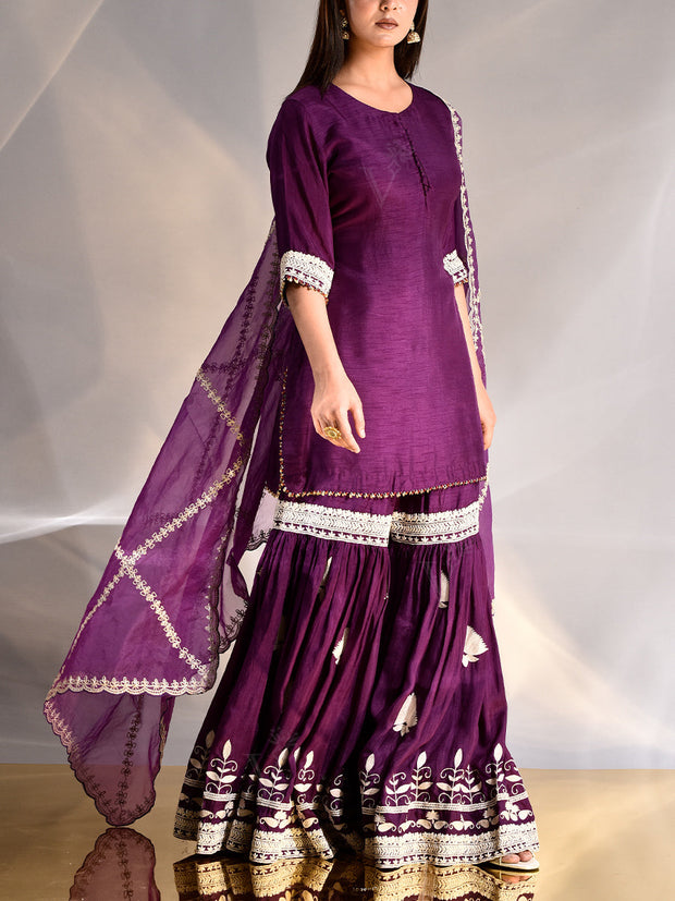 Purple Silk Embroidered Kurta and Sharara Set