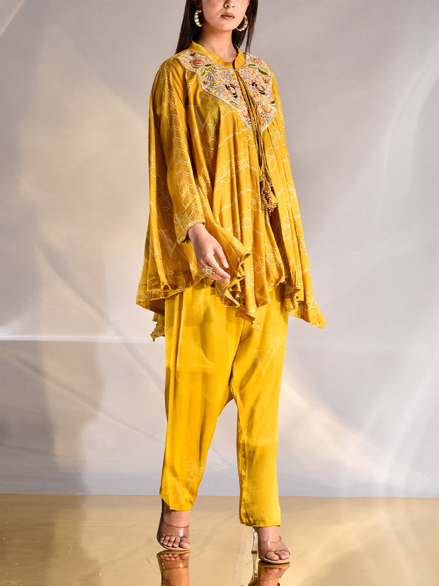 Mustard Silk Asymmetric Cape and Pant Set