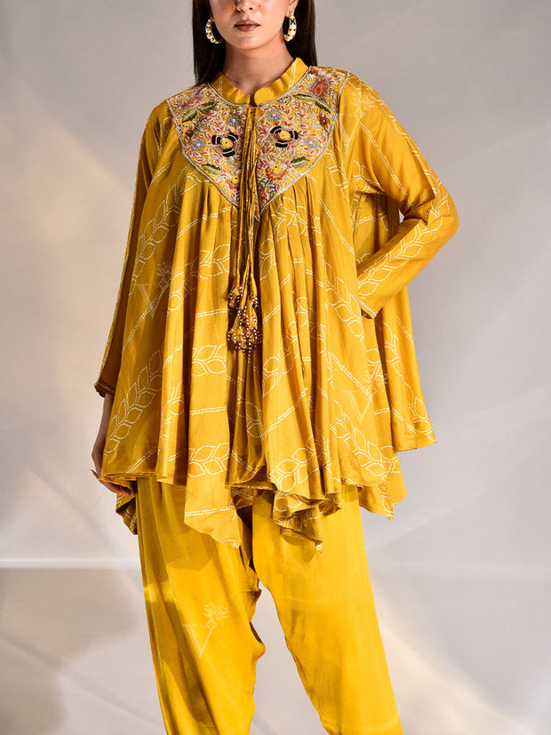 Mustard Silk Asymmetric Cape and Pant Set