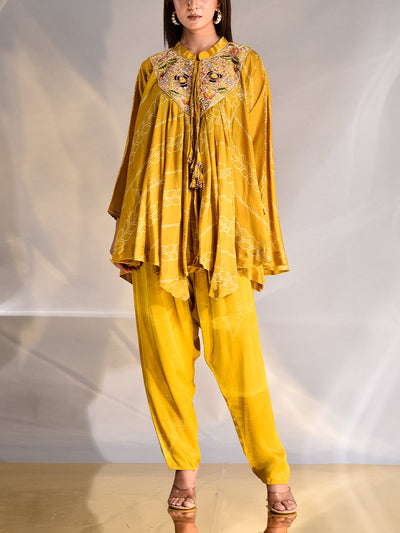 _label_New, DD35, MTO, RK,  Mustard , Silk , Asymmetric Cape and Pant Set , cape set , pant set