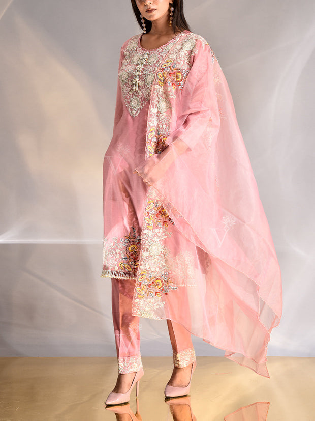 Pink Embroidered Chanderi Suit Set