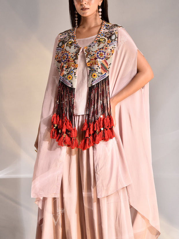 Old Rose Crepe Embroidered Cape and Palazzo Set