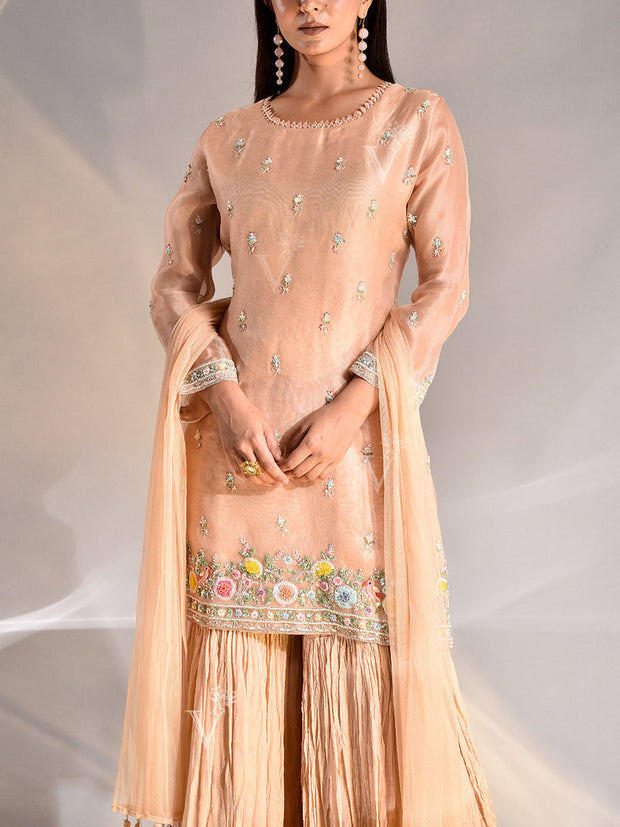 Peach Organza Kurta and Sharara Set