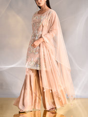 Peach Organza Embroidered Kurta and Sharara Set