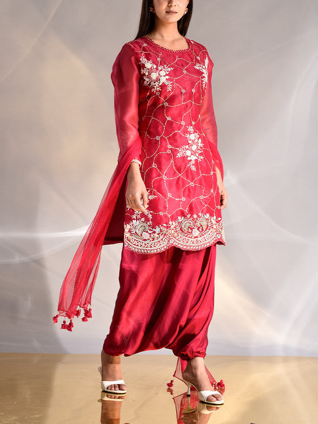 Red-Pink Organza Kurta and Harem Pants Set