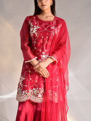 Red-Pink Organza Kurta and Harem Pants Set