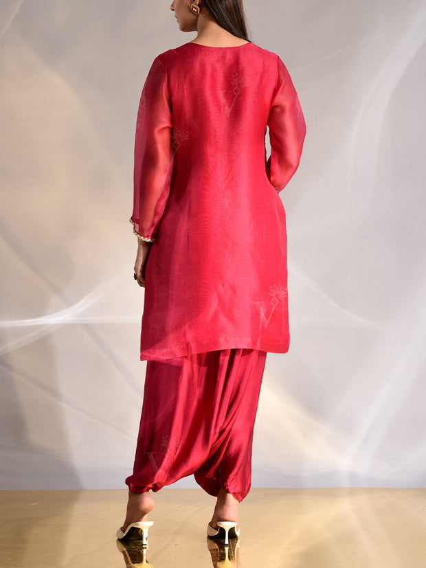 Red-Pink Organza Kurta and Harem Pants Set